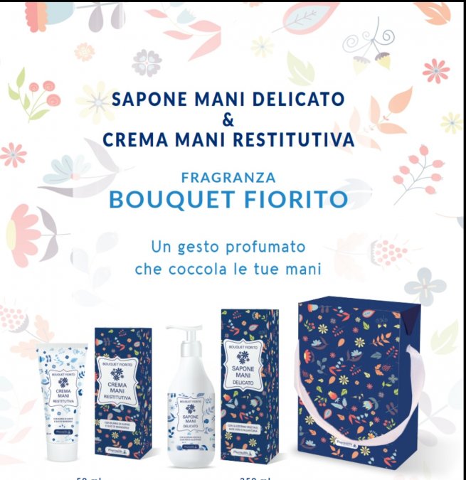 Cofanetto bouquet fiorito sapone mani delicato 250 ml + crema mani restitutiva 50 ml